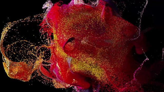 3d render of abstract art video animation with 3d skull in explosion process based on small balls spheres or bubbles  particles in orange red purple blue gradient color on isolated black background