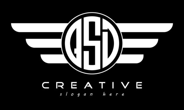 QSD three letter monogram type circle letter logo with wings vector template.