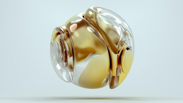 3d video of abstract art with surreal 3d organic alien ball or liquid sphere sculpture in curvy wavy smooth and soft bio forms in gold metal material with plastic transparent parts on grey background