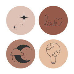 A set of 4 icons for stories, social media. Minimalist round stickers in boho style. Illustrations in terracotta shades. Pastel backgrounds with thin lines, nature. The concept of eco-friendly life.