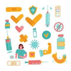 Vaccination elements set. Healthcare attention medicine prevention symbols - syringe, viel, patch, vaccinated shoulder, character, shield. Vaccination concept. Flat hand drawn vector illustration. - obrazy, fototapety, plakaty