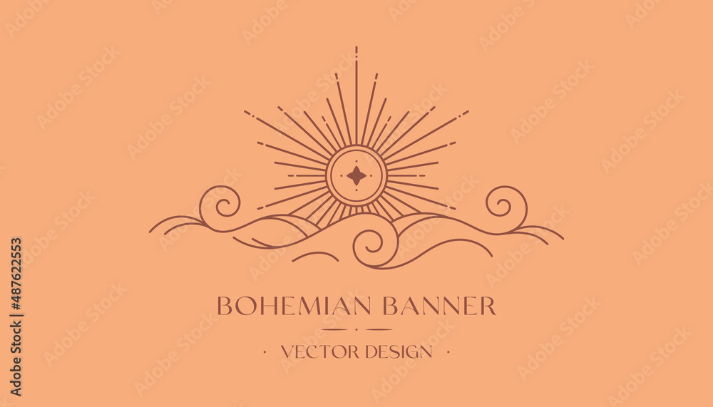 Wall mural vector bohemian logo design with sun,cloud or sea waves and light rays.boho linear icon or symbol in