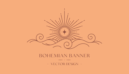 Vector bohemian logo design with sun,cloud or sea waves and light rays.Boho linear icon or symbol in trendy minimal style.Modern celestial emblem.Branding design,website banner,social media template.