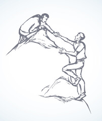 A man pulls a friend out of the abyss. Vector drawing