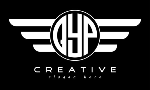 QYP three letter monogram type circle letter logo with wings vector template.	