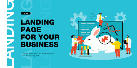 Layout with genetically modified rabbit in laboratory. Scientists carrying out research on animals flat vector illustration. Genetic engineering, biotechnology concept for banner or landing web page