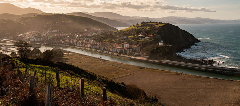 Panoramic view of Zumaia in the Basque Country. View of the lighthouse, the mouth of the Urola river and Santiago beach.