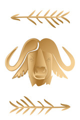 Golden buffalo portrait  on a white background with arrows. Collection of contemporary art. Poster in trendy style