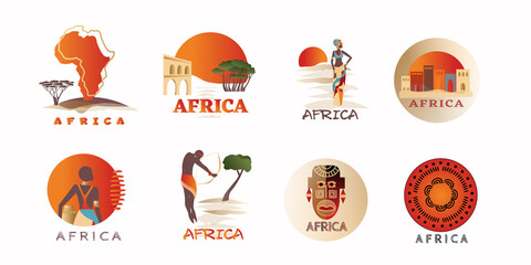 Elements and icons, logos Africa set. Colorful vector illustrations, icons for design. Continent of Africa, people, masks and ornaments in traditional style