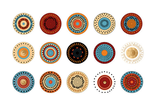 Round  elements and icons, ornaments in oriental or African style. Vector colorful illustration set for design.