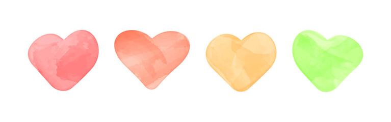Heart in watercolor fill, funny curved shape heart , light warm colors, vector set