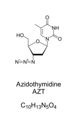 Azidothymidine (AZT), chemical formula and skeletal structure. Also Zidovudine (ZDV), an antiretroviral medication. It was the first treatment for HIV, approved in the US in 1987. Illustration. Vector