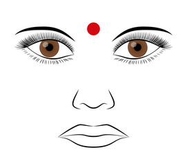 Bindi, colored red dot on the center of a forehead, traditionally worn by Hindus, Buddhists and Jains. Bindi means point, drop, dot or small particle. Associated with Bindu, third eye or ajna chakra.