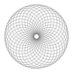 Circular Fibonacci pattern, according to the structure of a pine cone. Circular area formed by spiral like arranged lines, creating a trapezoid pattern, with a small circle in the center. Illustration