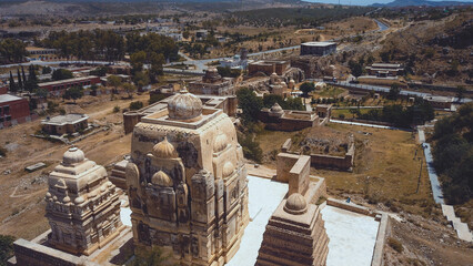 Aerial View to the Ruins of the Shri Katas Raj Temples, also known as Qila Katas, Pakistan - obrazy, fototapety, plakaty