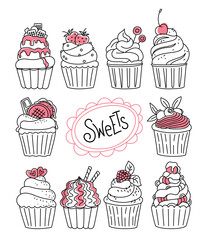 Cupcakes set vector hand drawn doodle icons. Dessert illustrations pastry, cupcake, sweets isolated on white background.