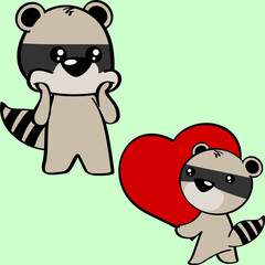 cute baby raccoon character kawaii cartoon valentine set illustration in vector format