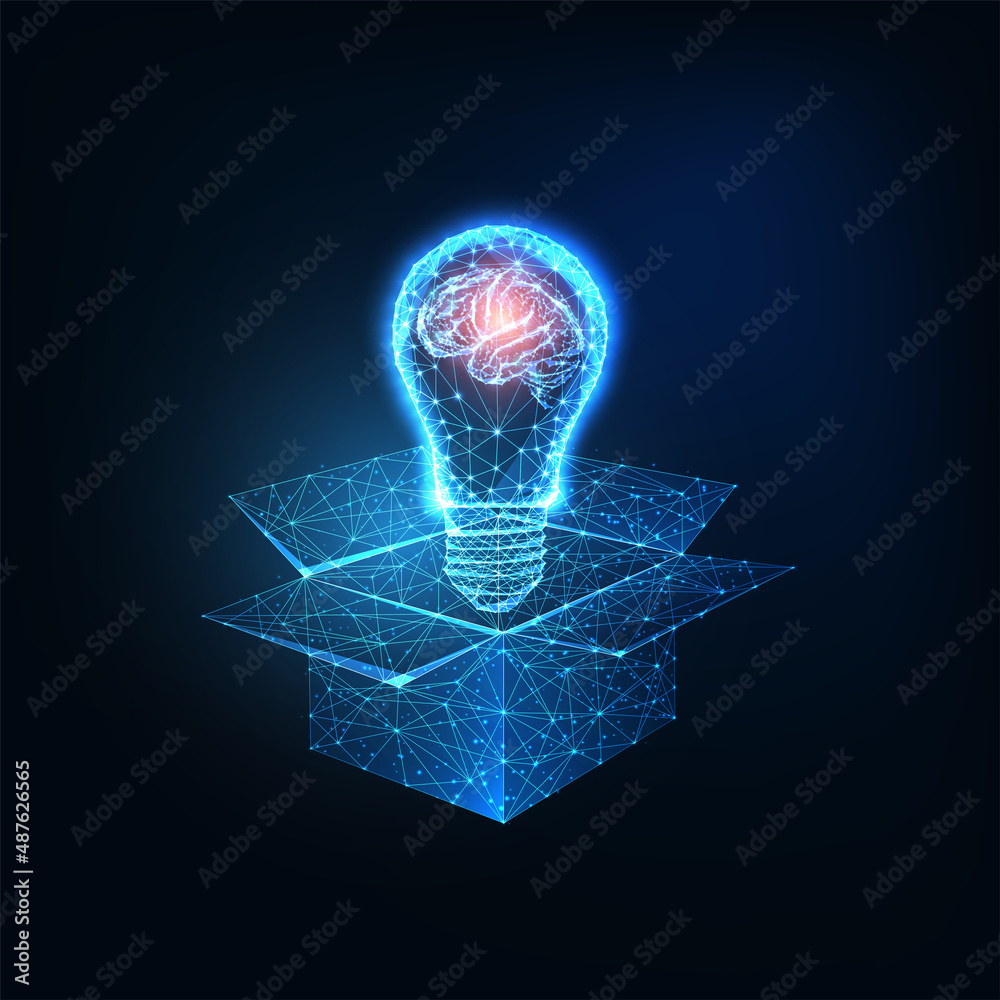 Wall mural Futuristic concept with glowing low polygonal lightbulb and open box and human brain isolated 