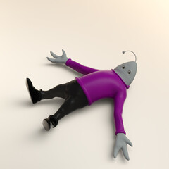 3d-illustration of a funny isolated scifi fish alien with turtleneck sweater laying on the floor