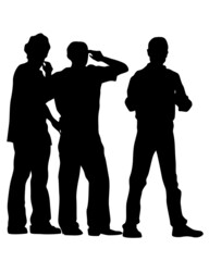 Young people in fashionable clothes on the street. Isolated silhouettes on white background