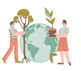 Environment conservation, planet greening and ecology, save the earth concept with tree planting volunteers. Nature environmental protection, flat vector illustration isolated on white background.