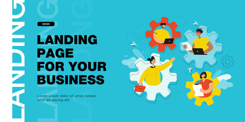 Team of dedicated people putting effort into work. Strong male and female characters inside gears flat vector illustration. Teamwork, cooperation concept for banner, website design or landing web page