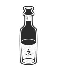 Vintage black and white stylized glass bottle with cork, half full or empty, with stains isolated on white background
