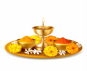 Traditional puja thali - plate for ritual ceremony with kumkum, haldi or turmeric powder, flowers and diya (oil lamp). Hindu sacral element for worshipping God. Vector illustration. - obrazy, fototapety, plakaty
