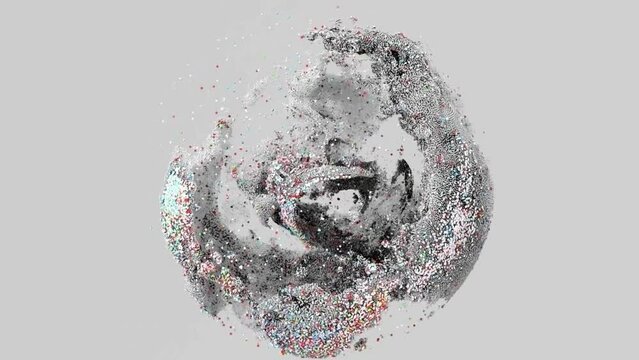 3d render of monochrome abstract art 3d animation video with surreal sphere and ball based on splashing liquid small metallic balls spheres or bubbles particles in motion on isolated grey background