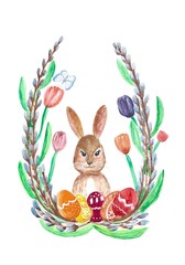 Милый акварельный пасхальный зайчик внутри веточек вербы и тюльпанов. Разноцветные яйца. Иллюстрация на белом фоне