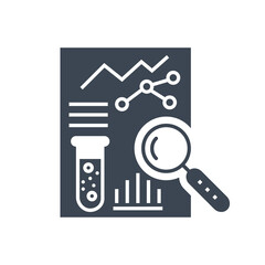 Medical analytics Related Vector Glyph Icon. Research sheet with test bulb, graphs and a magnifying glass. Research sign Isolated on White Background. Vector Illustration