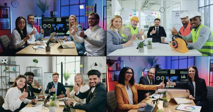 Collage of good-looking smiling confident qualified diverse teams of businesspeople of various professions which posing on camera in the offices during joint meeting and showing thumbs up