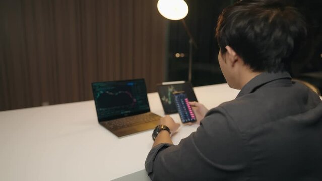 Failure of stock investment concept, asian working man sitting looking disappointed alone on online stock market or cryptocurrency exchange chart, depressed life moments, failed money management