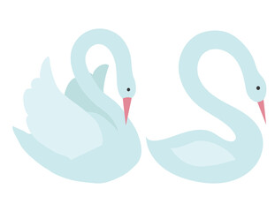 Two white swans in cartoon style. Vector stock illustration isolated on white background.