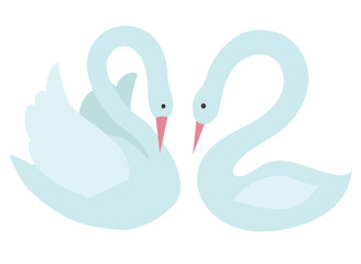 Pair of white swans in cartoon style. Vector stock illustration isolated on white background.