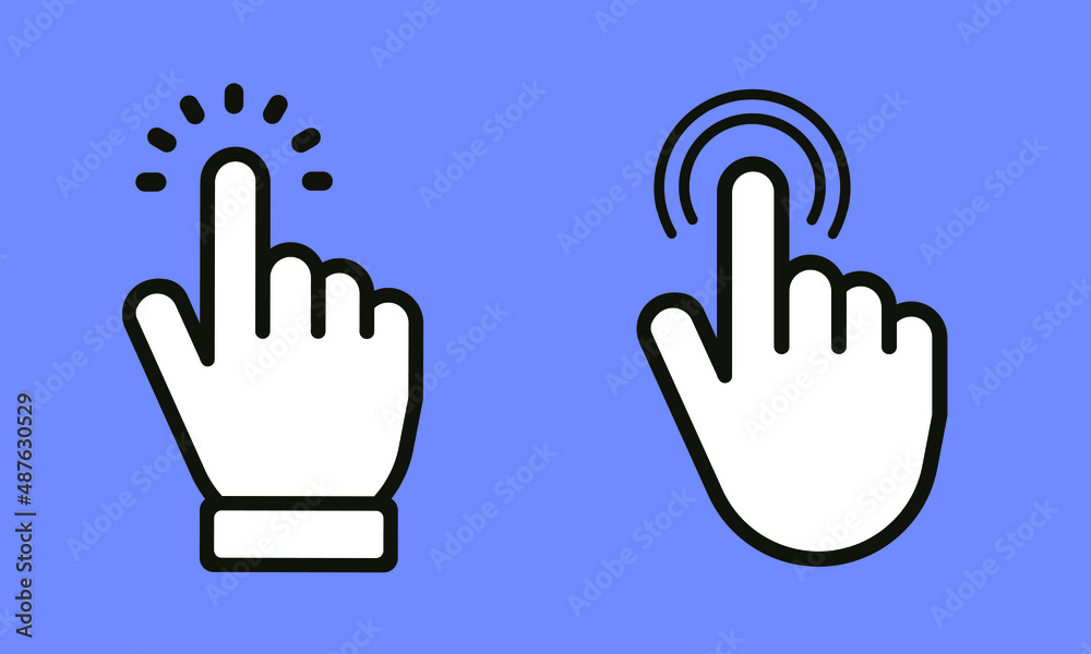 Leinwandbilder Pointer cursor сomputer mouse icon. Clicking cursor, pointing hand clicks icons on blue background. Click cursor - stock vector.
