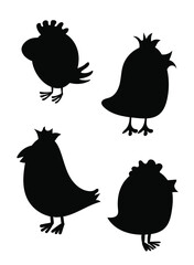 Funny birds and chicks icons, a set of birds cartoons silhouettes  