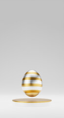 Golden Easter egg on podium 3d render illustration. happy easter day concept. minimal scene with pedestal and egg.