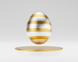 Golden Easter egg on podium 3d render illustration. happy easter day concept. minimal scene with pedestal and egg.
