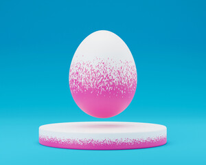 Grunge paint Easter egg on podium 3d render illustration on blue background. happy easter day concept. minimal scene with pedestal and egg.