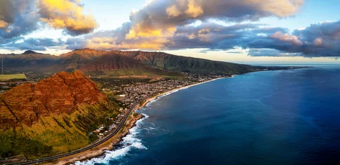 Fototapeten Panorama aerial photo of Nanakuli, Hawaii on the west coast of Oahu © Allen.G