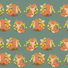Beautiful fox and flowers seamless pattern design