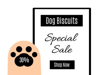 Dog biscuits 30% off. Special sale. Shop now. Discount banner. Pet promotions. Ten percent off.
