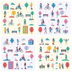 Fototapeta na wymiar Concept of young people walking, running and jumping in the park. Stylish modern vector illustration card with male and female teenagers