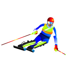A man goes skiing down a snowy mountain in winter. Participates in slalom competitions.