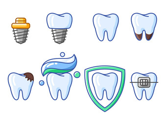 Illustrations of tooth. Dentistry and health care icons. Stomatology medical items.