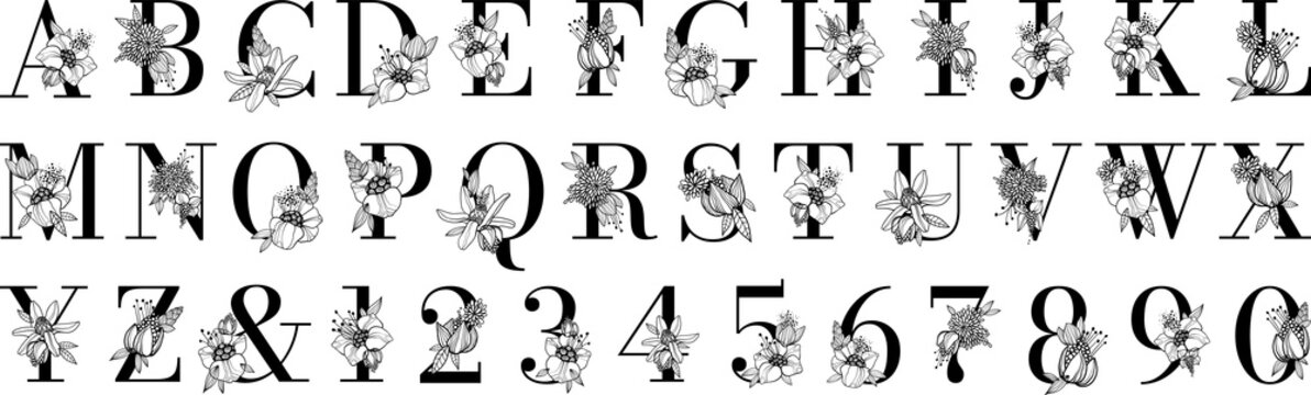 Black floral alphabet, botanical monogram vector letters with black line art flowers and leaves