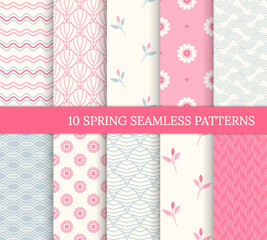 Ten spring seamless patterns. Pink backgrounds for Mother's day or wedding. Endless texture for wallpaper, web page, wrapping paper. Retro love style. Waves, flowers and arcs