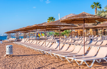 Morning at central public beach of the Red Sea in Eilat - famous tourist resort and recreational...