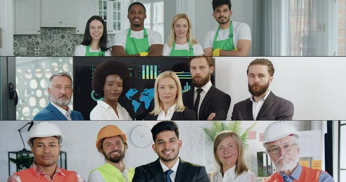 Multiscreen of different occupation group of people:cleaners,businesspeople and builders which posing on camera with smiling faces and crossed arms